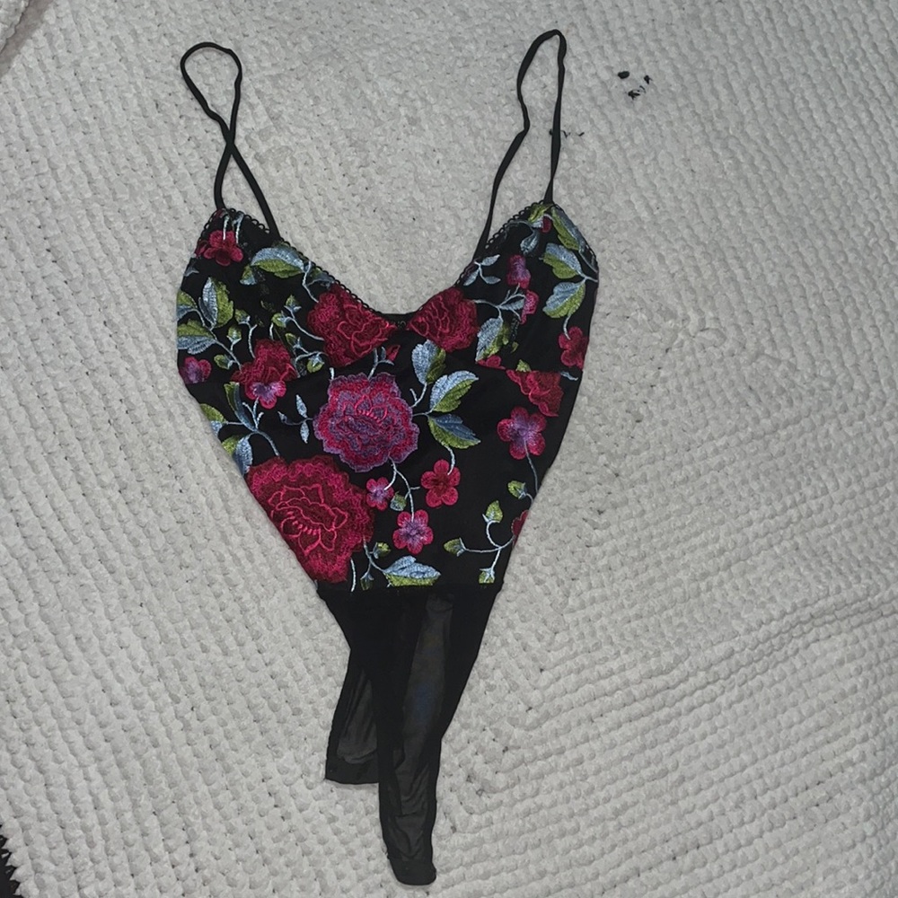 TOPSHOP Sheer Floral Embroidered Bodysuit